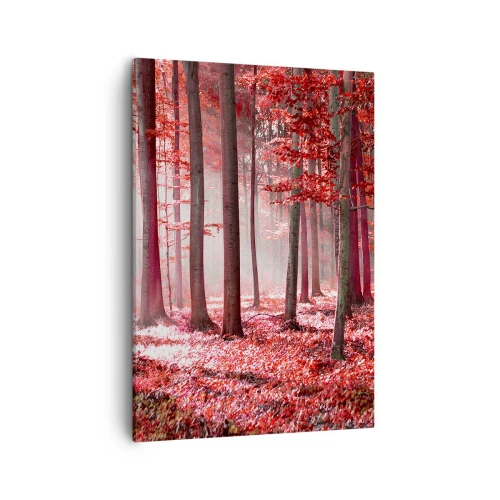 Obraz na płótnie - Las w odcieniach czerwieni z mgłą w tle - 50x70cm - Czerwony równie piękny - Nowoczesna dekoracja ścienna do salonu, kuchni i sypialni ARTTOR