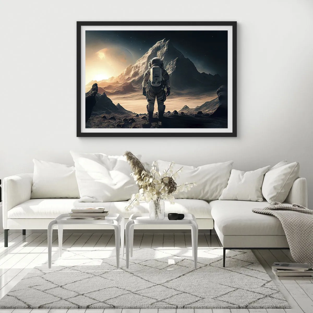 Plakat w czarnej ramie - Astronauta na tle majestatycznych gór - 70x50cm - Nowe wyzwanie - Nowoczesna dekoracja ścienna do salonu i sypialni ARTTOR