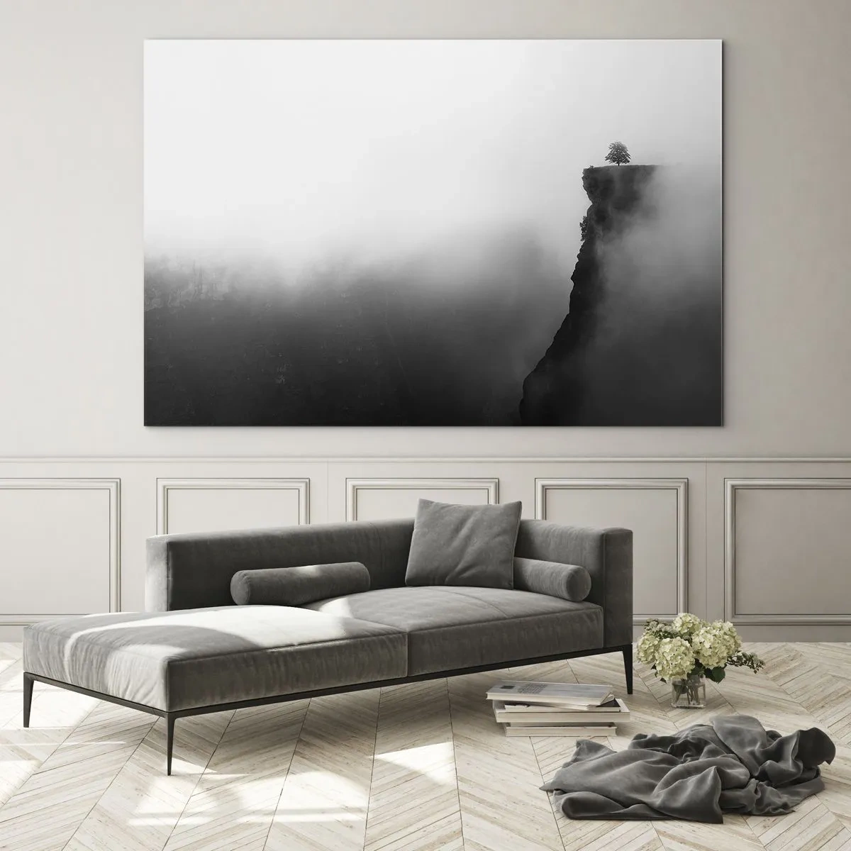 Obraz na szkle - Samotne drzewo na skraju urwiska w gęstej mgle - 70x50cm - Na skraju świata - Nowoczesna dekoracja ścienna do salonu i sypialni ARTTOR