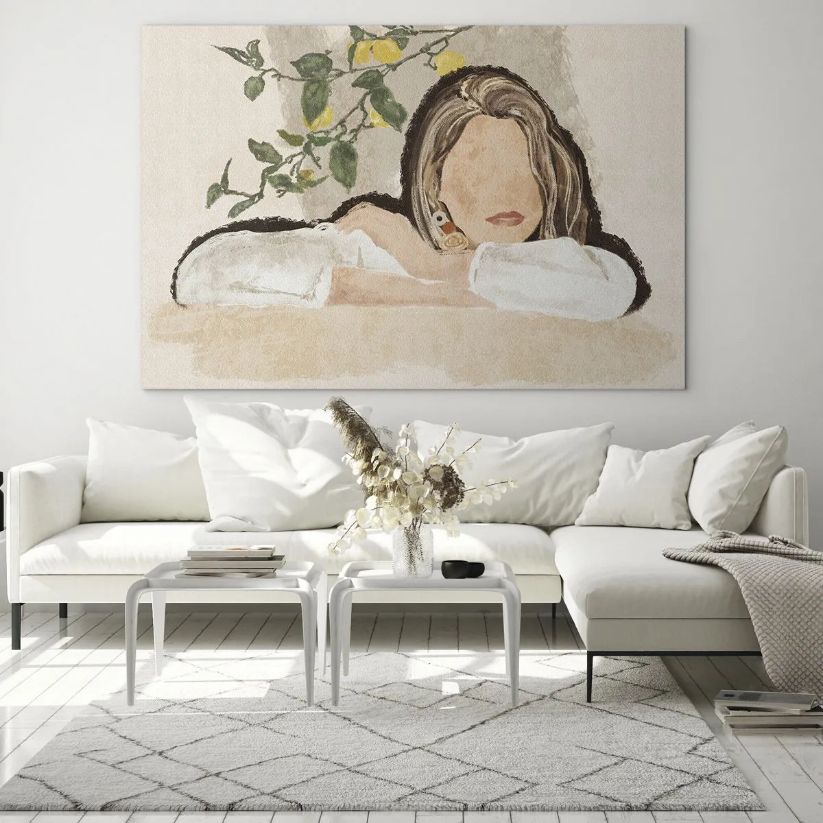 Obraz na szkle - Kobieta oparta na stole wśród gałązek cytrynowego drzewa bez wyraźnych rysów twarzy - 70x50cm - Piękność południa - Nowoczesna dekoracja ścienna do salonu i sypialni ARTTOR