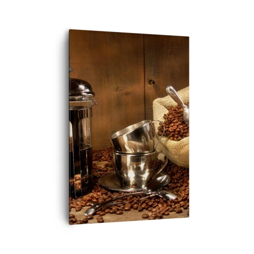 Obraz na płótnie - French press, filiżanki i worek kawy na drewnianym tle - 70x100cm - Czar kawy - aromat i smak - Nowoczesna dekoracja ścienna do salonu i sypialni ARTTOR