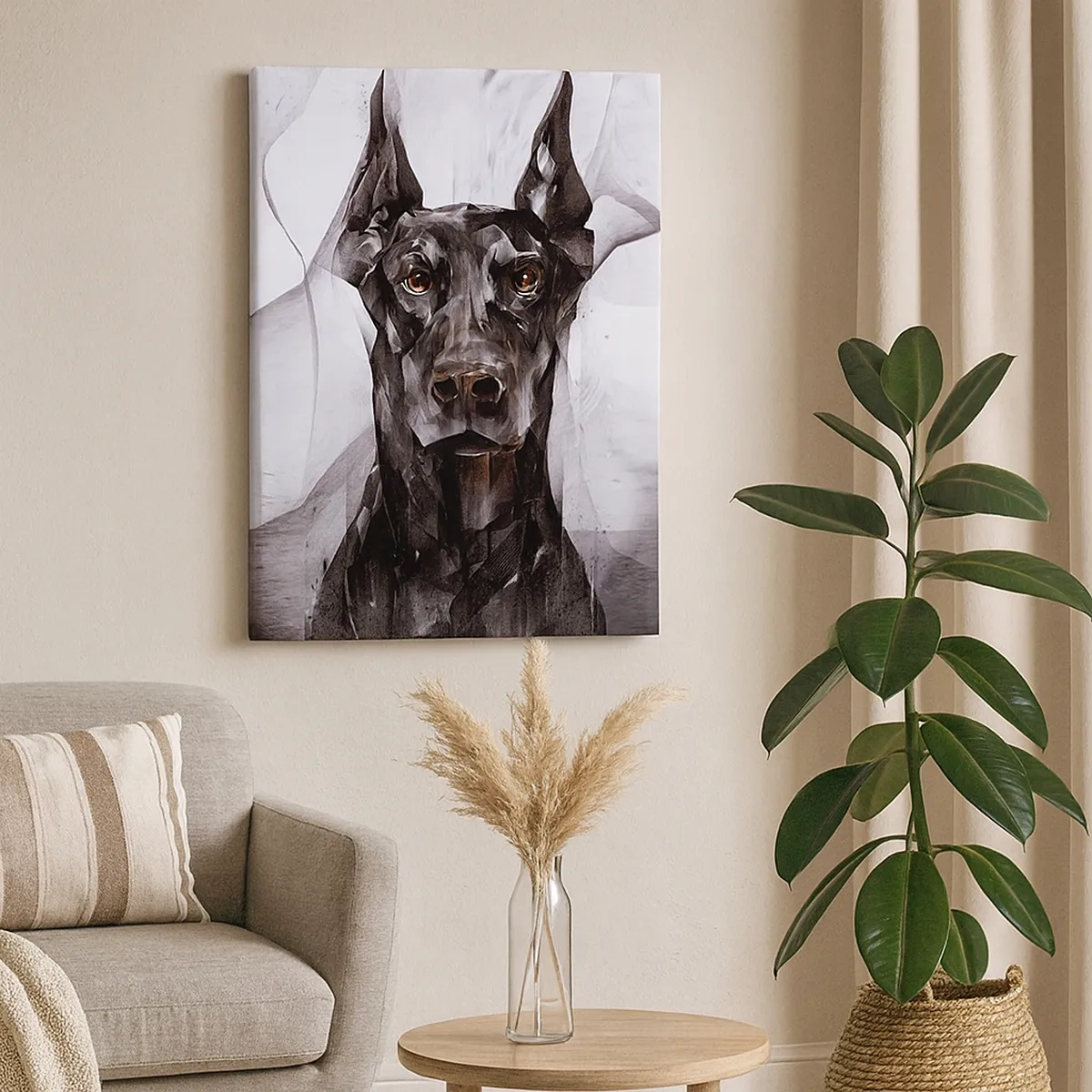 Obraz na płótnie - Portret dobermana w stylu abstrakcyjnej grafiki - 50x70cm - Szlachetnie urodzony - Nowoczesna dekoracja ścienna do salonu, kuchni i sypialni ARTTOR