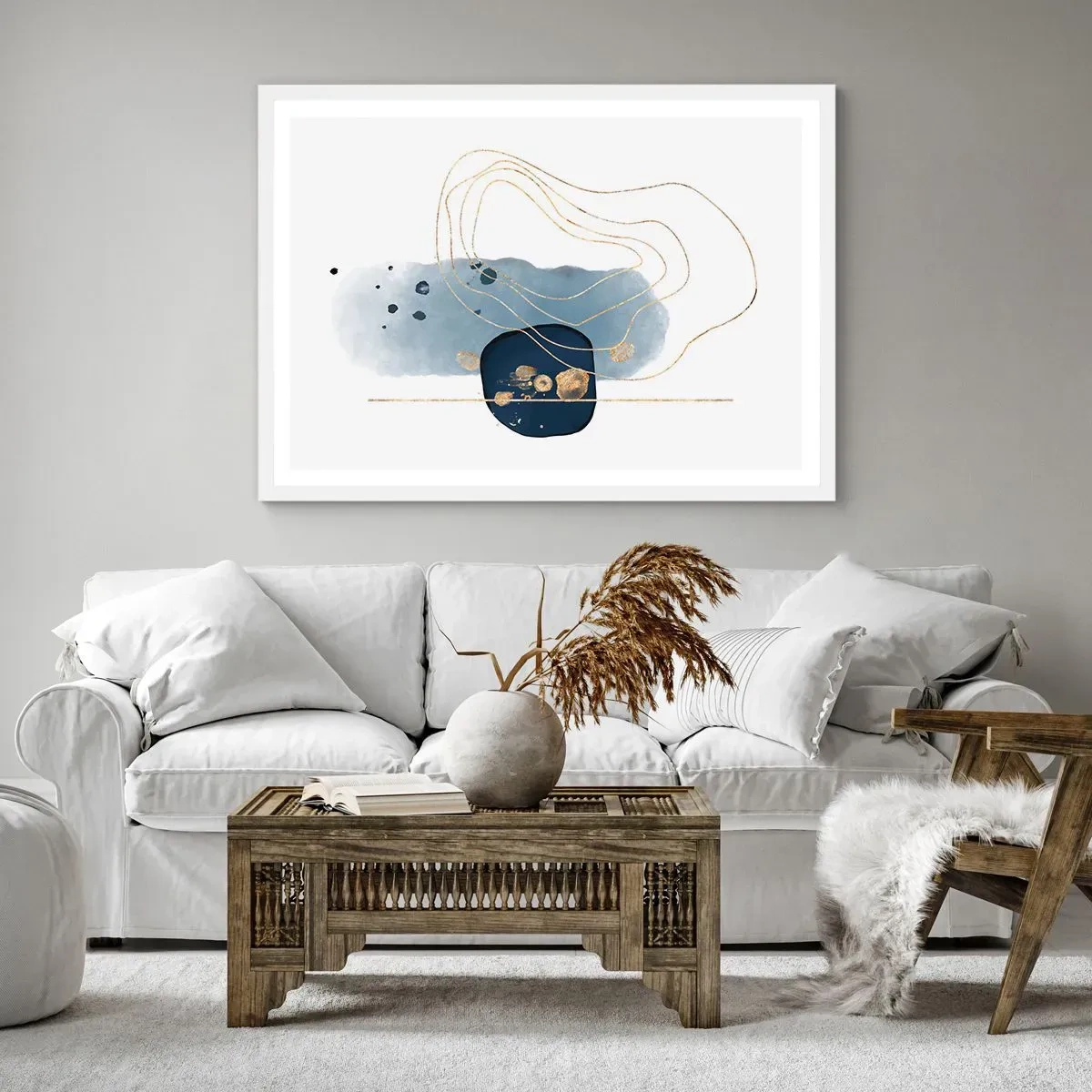 Plakat w białej ramie - Niebiesko-złota fantazja - 100x70 cm