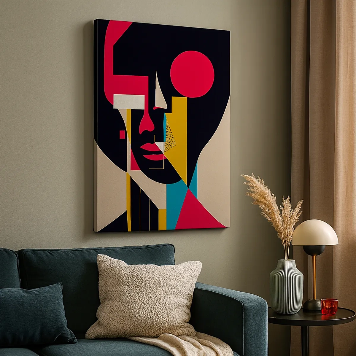 Obraz na płótnie - Kolorowy abstrakcyjny portret twarzy w stylu geometrycznym - 50x70cm - Jej wewnętrzny świat - Nowoczesna dekoracja ścienna do salonu, kuchni i sypialni ARTTOR