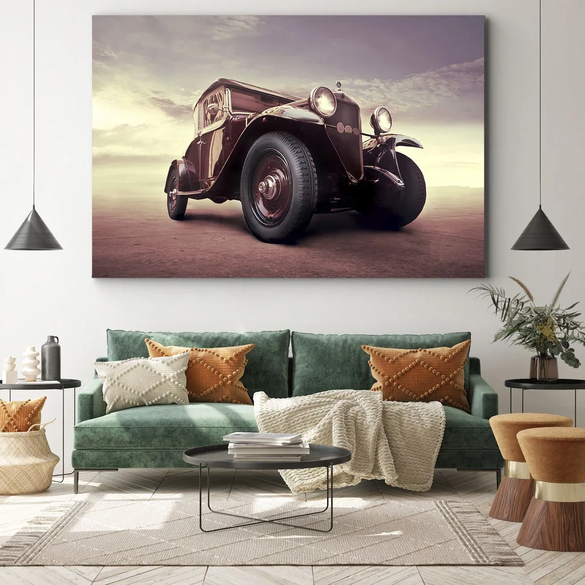 Obraz na płótnie - Zabytkowy samochód w klasycznym stylu na tle nieba - 70x50cm - Powrócmy jak za dawnych lat… - Nowoczesna dekoracja ścienna do salonu i sypialni ARTTOR