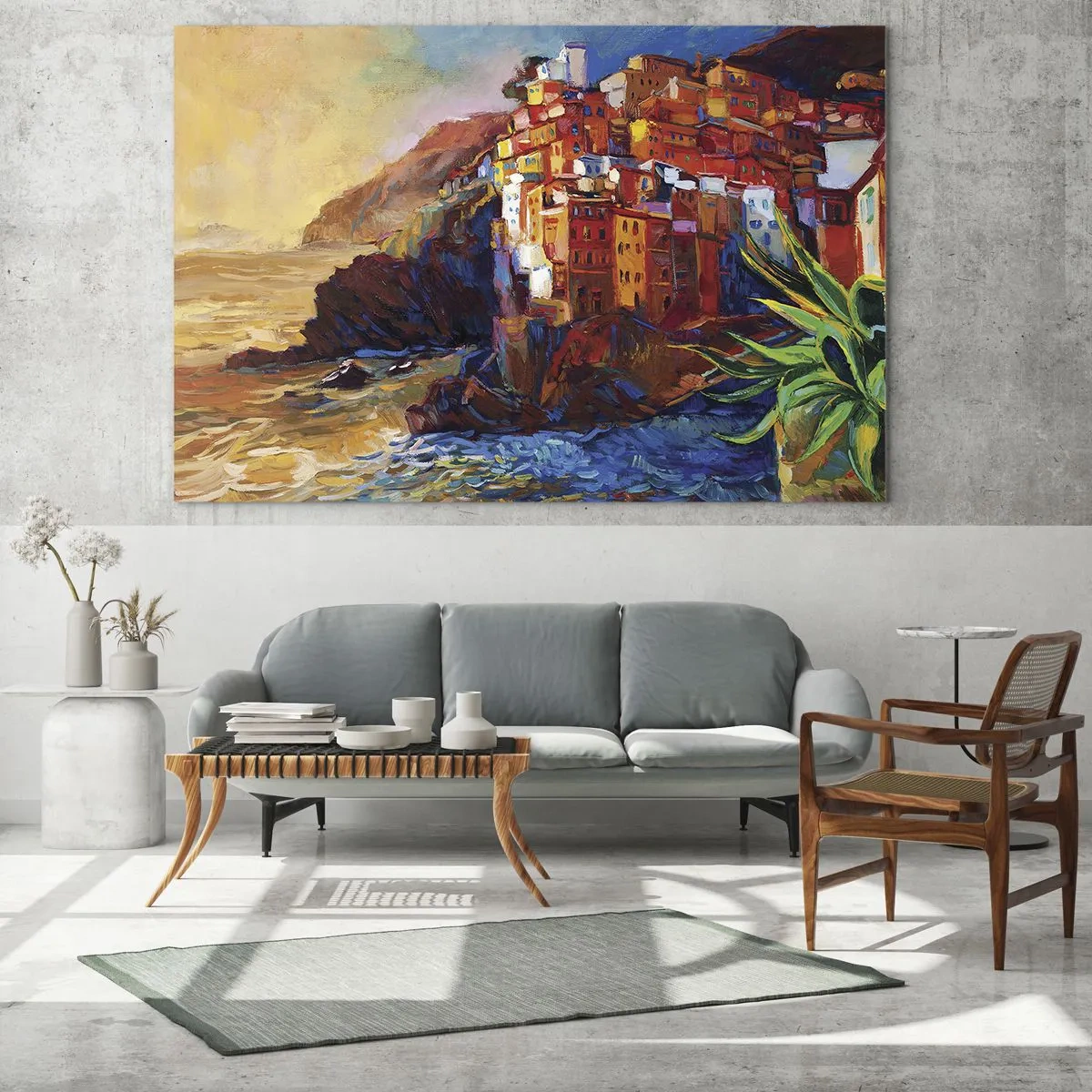 Obraz na szkle - Kolorowe miasteczko na klifie z widokiem na morze - 100x70cm - Włoskie klimaty - Nowoczesna dekoracja ścienna do salonu, kuchni i sypialni ARTTOR