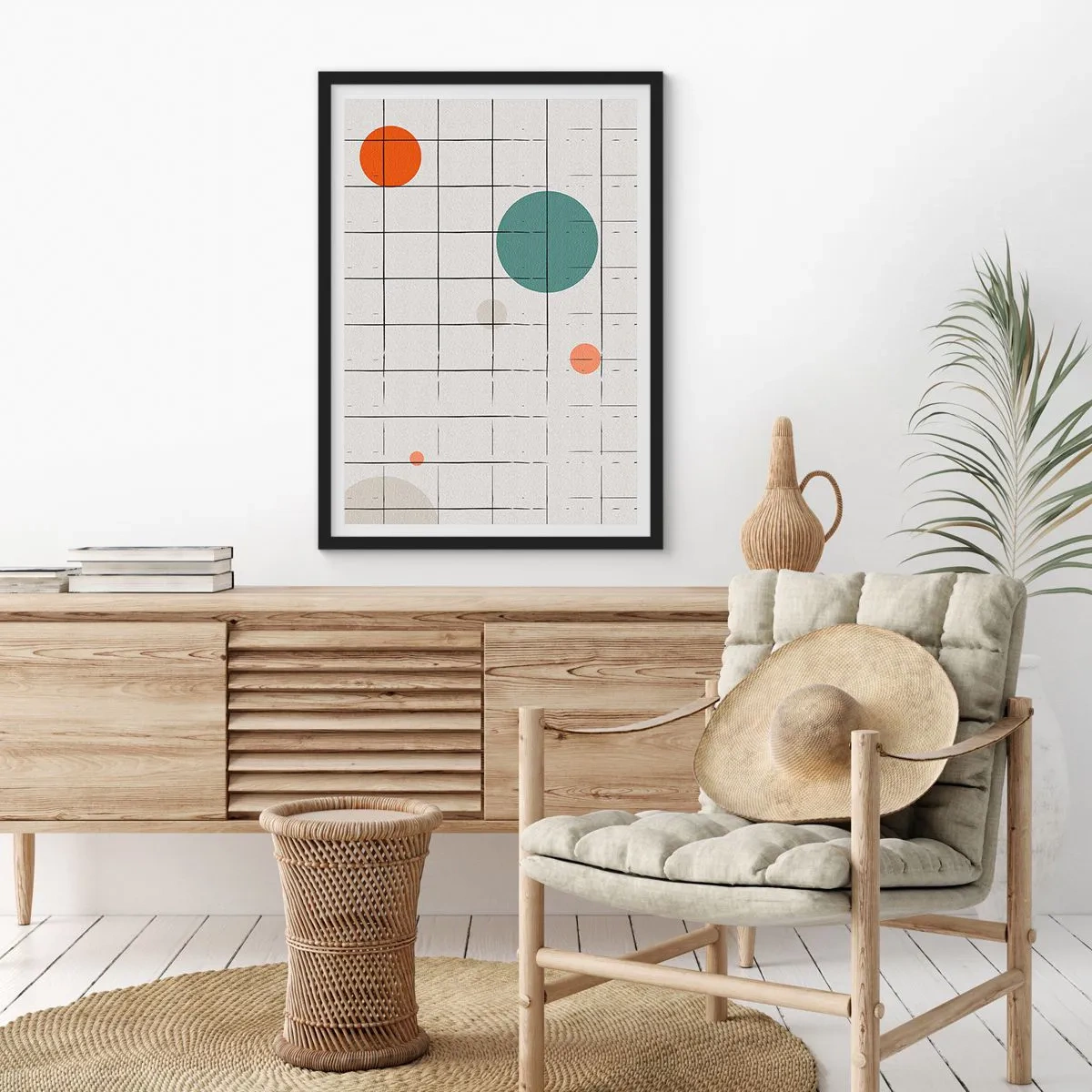 Plakat w czarnej ramie - Abstrakcyjna kompozycja siatki i kolorowych okręgów - 50x70cm - Uwięzione. My czy one? - Nowoczesna dekoracja ścienna do salonu i sypialni ARTTOR