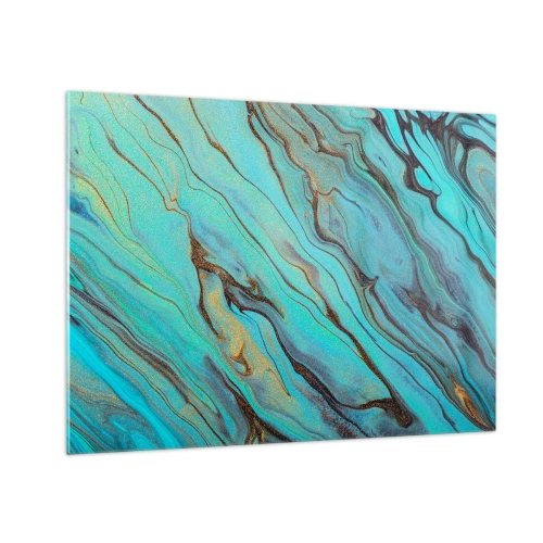 Obraz na szkle - Abstrakcyjne smugi w turkusowej i złotej kolorystyce - 70x50cm - Turkusowy przypływ - Nowoczesna dekoracja ścienna do salonu i sypialni ARTTOR