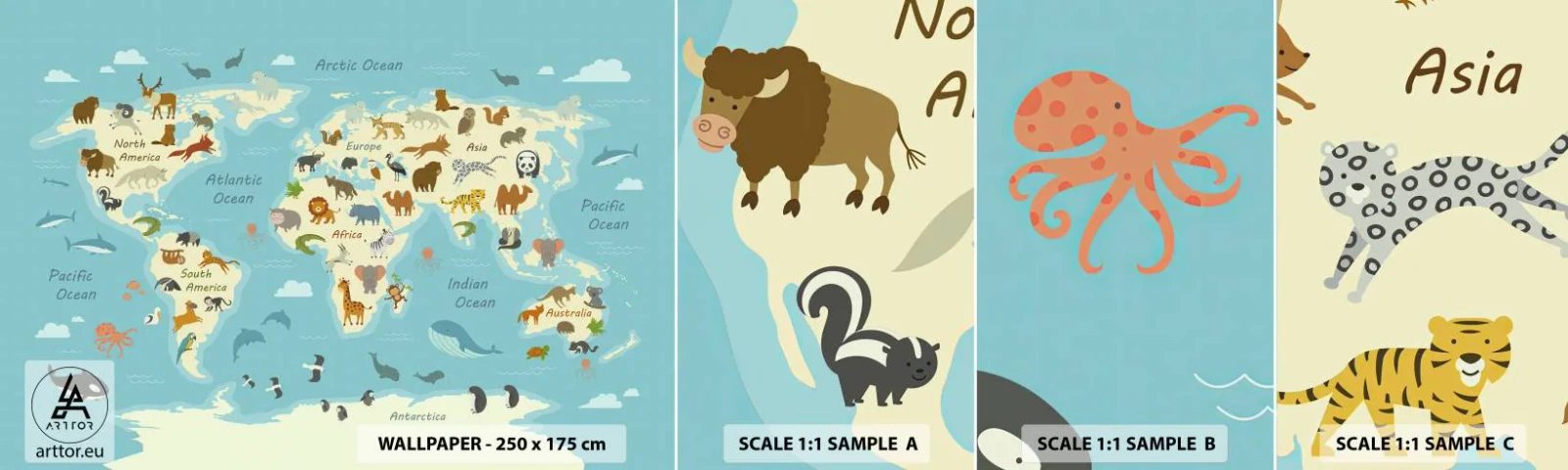 Fototapeta Próbka Samoprzylepna Deluxe Sticker - Dobrzy sąsiedzi - Mapa Świata, Mapa Ze Zwierzętami, Zwierzęta - 100x30 cm