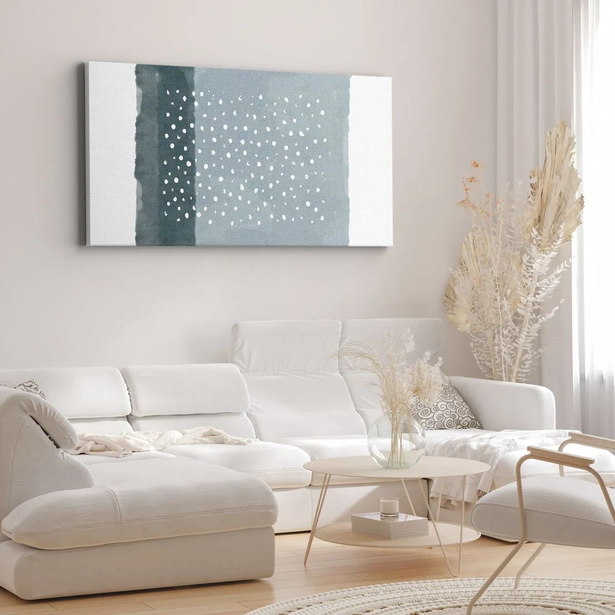 Obraz na płótnie - Minimalistyczny obraz w odcieniach błękitu z kropkami - 160x50cm - Wyrosłe na błękicie - Nowoczesna dekoracja ścienna do salonu i sypialni ARTTOR
