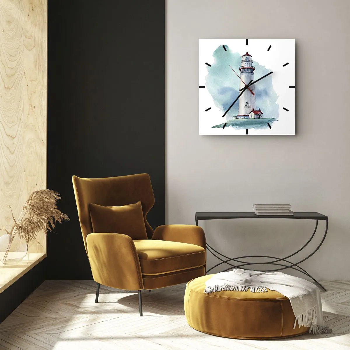 Zegar ścienny - Latarnia morska na tle akwarelowego błękitu - 30x30cm - Łagodna siostra błękitu - Nowoczesna dekoracja ścienna do salonu i sypialni ARTTOR