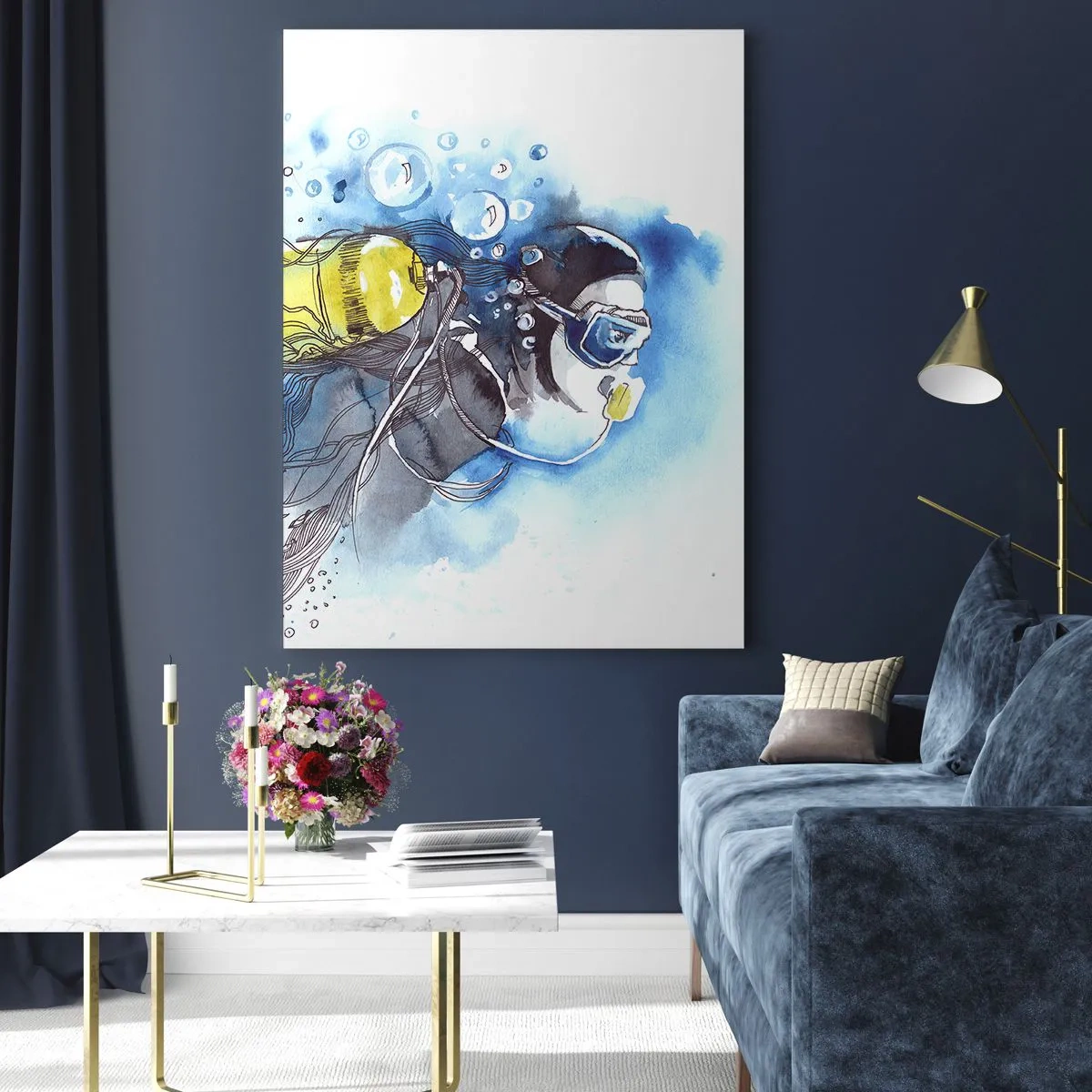 Obraz na szkle - Nurek pod wodą z rybami w artystycznej akwareli - 50x70cm - Wielki błękit - Nowoczesna dekoracja ścienna do salonu, kuchni i sypialni ARTTOR