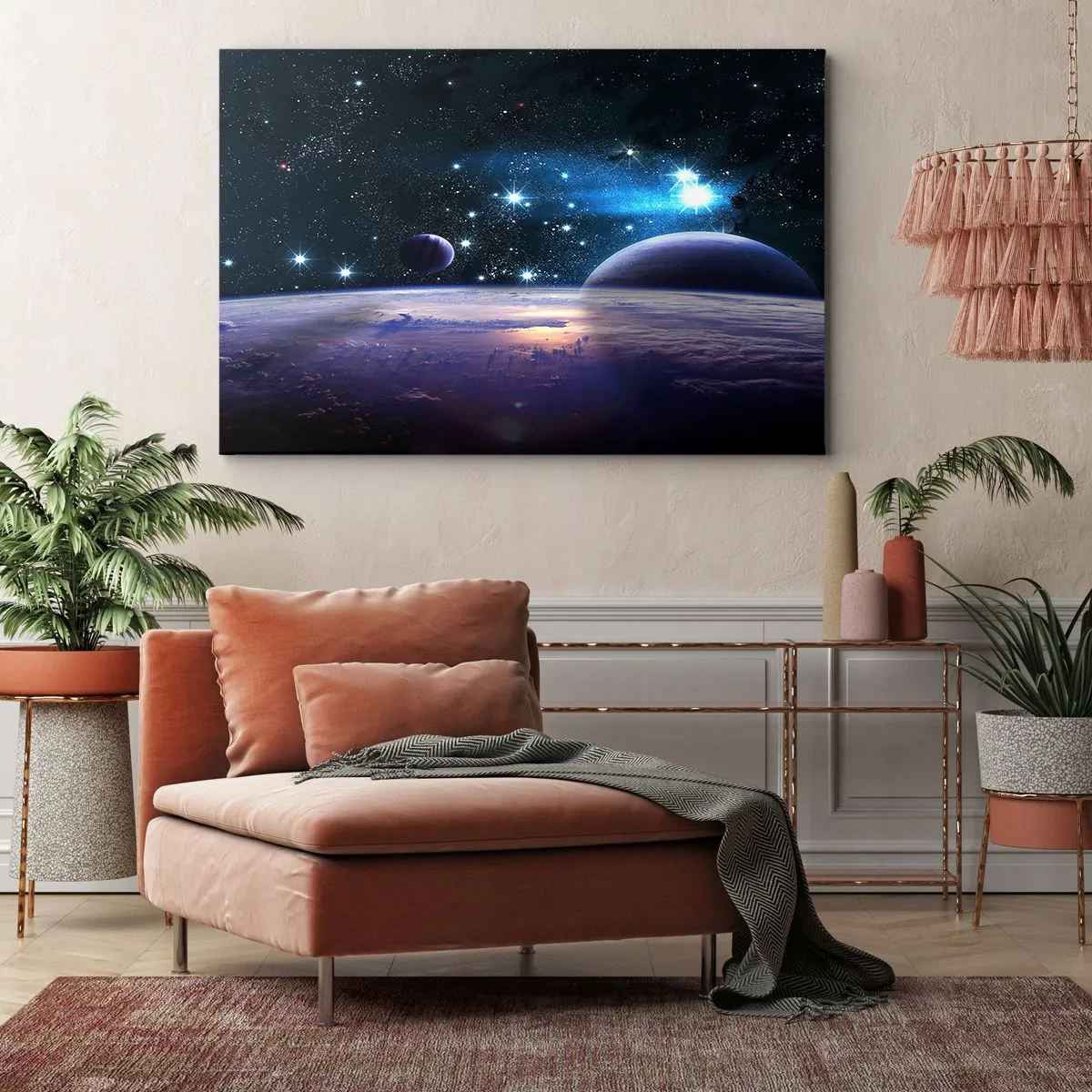 Obraz na płótnie - Widok na przestrzeń kosmiczną z planetami i gwiazdami - 70x50cm - Wciąż sami? - Nowoczesna dekoracja ścienna do salonu i sypialni ARTTOR