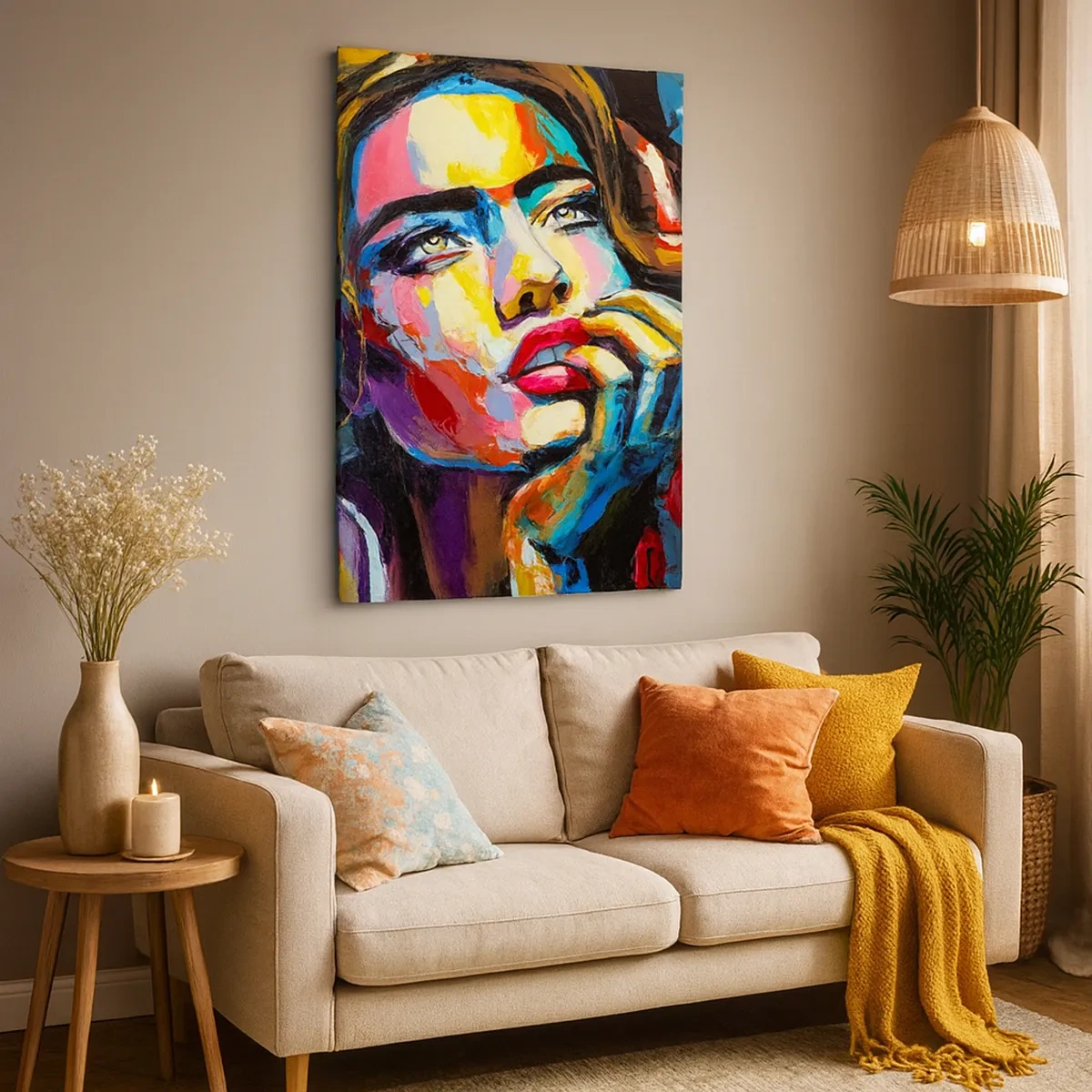 Obraz na płótnie - Kolorowy portret kobiety z wyrazistymi emocjami - 50x70cm - Marzenia jak ptaki szybują po niebie - Nowoczesna dekoracja ścienna do salonu, kuchni i sypialni ARTTOR