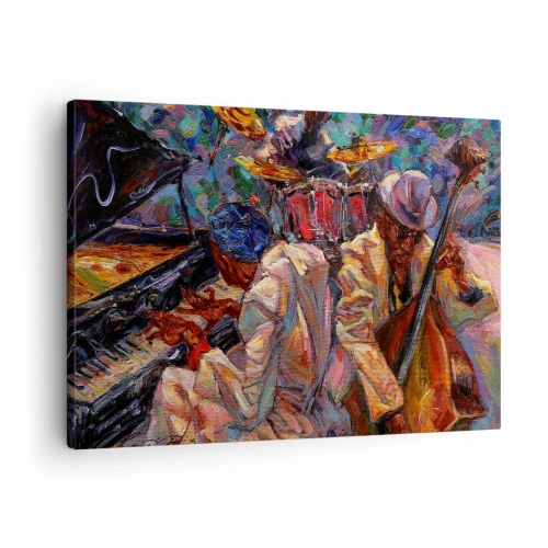 Obraz na płótnie - Energetyczna scena jazzowa z muzykami i instrumentami - 70x50cm - W jednym rytmie - Nowoczesna dekoracja ścienna do salonu i sypialni ARTTOR