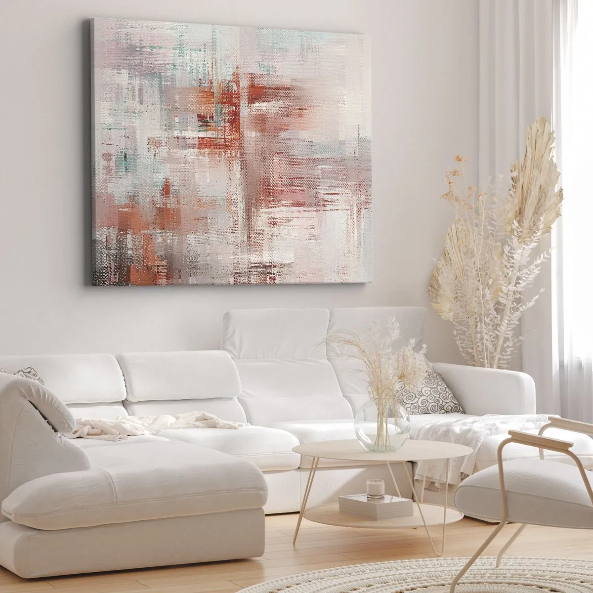 Obraz na płótnie - Abstrakcyjna kompozycja z odcieniami czerwieni i pastelowych barw - 120x80cm - Zamglone. Ale różowe - Nowoczesna dekoracja ścienna do salonu, kuchni i sypialni ARTTOR