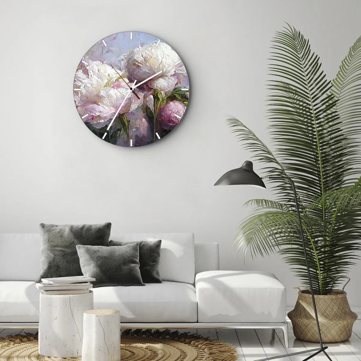 Zegar ścienny - Bukiet białych i różowych kwiatów na niebieskim tle - 30x30cm - Kipiący życiem bukiet - Nowoczesna dekoracja ścienna do salonu, kuchni i sypialni ARTTOR
