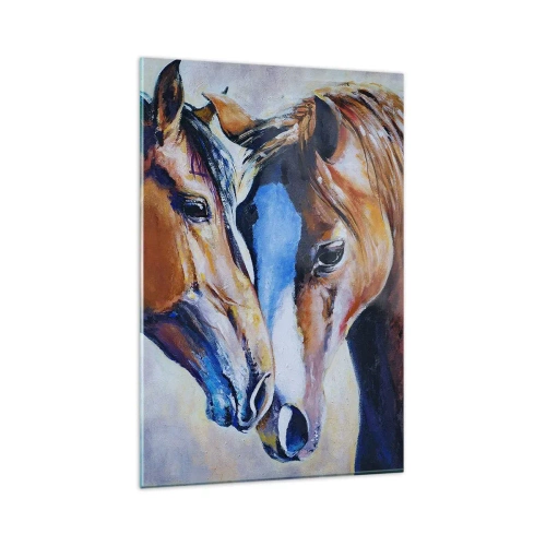 Obraz na szkle - Malarskie przedstawienie dwóch koni w przyjacielskiej scenerii - 80x120cm - Czy to jest przyjaźń? czy to jest kochanie? - Nowoczesna dekoracja ścienna do salonu i sypialni ARTTOR