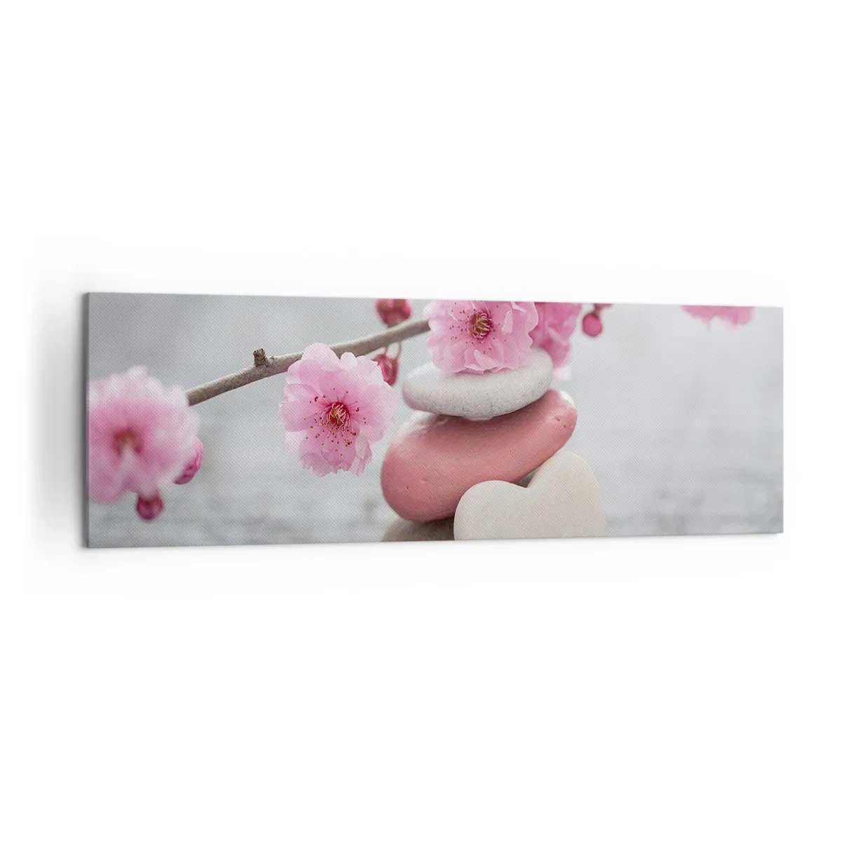 Obraz na płótnie - Delikatne kwiaty wiśni z kamieniami w kształcie serca - 160x50cm - Błogość z kwiatem wiśni - Nowoczesna dekoracja ścienna do salonu i sypialni ARTTOR