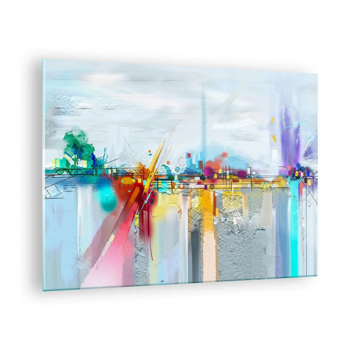 Obraz na szkle - Abstrakcyjny most w żywych kolorach nad rzeką w pastelowym tle - 70x50cm - Most radości nad rzeką życia - Nowoczesna dekoracja ścienna do salonu i sypialni ARTTOR