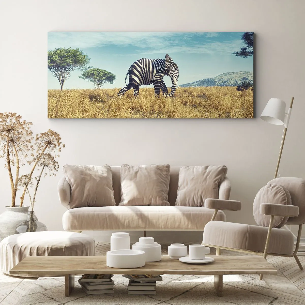 Obraz na płótnie - Zebra w afrykańskim krajobrazie - 160x50cm - Szarość już niemodna - Nowoczesna dekoracja ścienna do salonu i sypialni ARTTOR