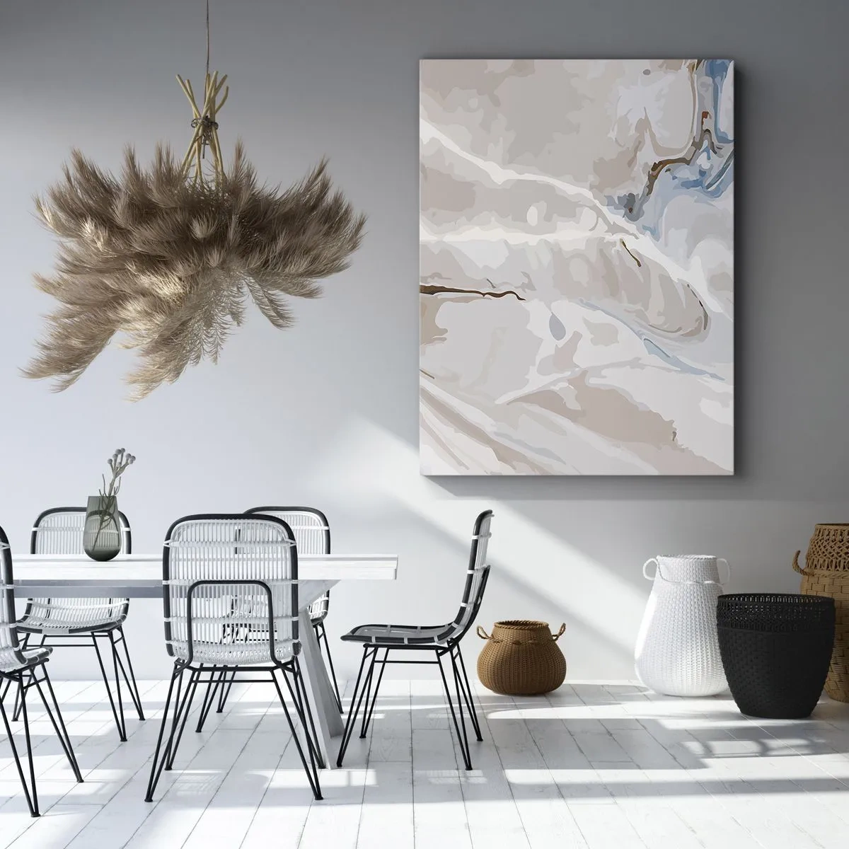 Obraz na płótnie - Abstrakcyjny wzór przypominający marmur w odcieniach beżu i błękitu - 50x70cm - Błękitne meandry pod bielą - Nowoczesna dekoracja ścienna do salonu, kuchni i sypialni ARTTOR