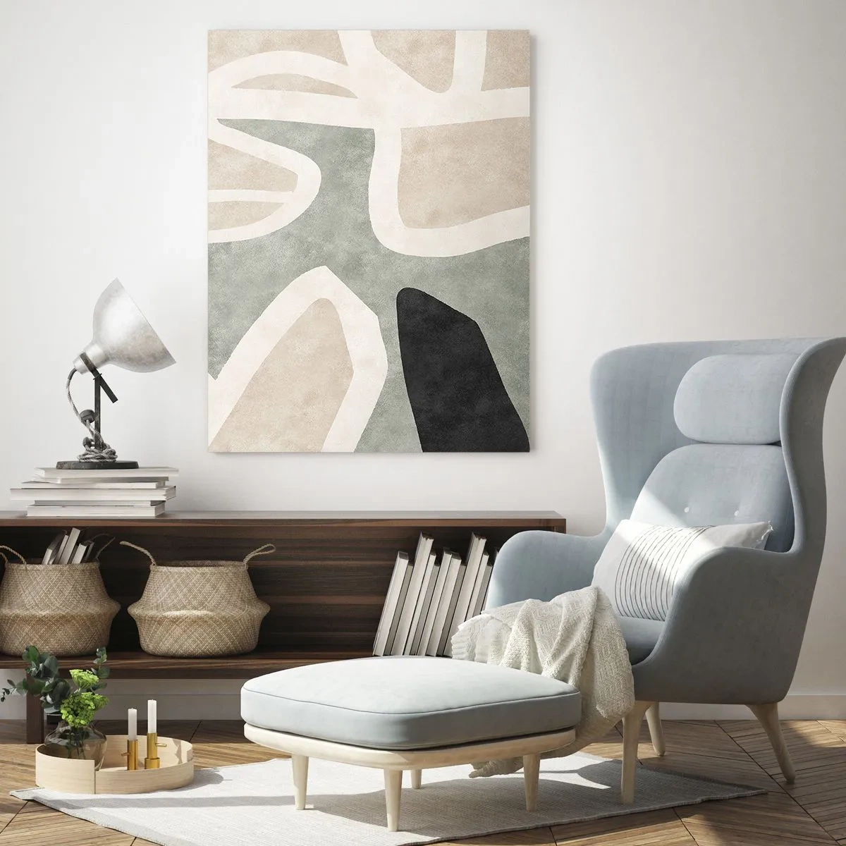 Obraz na szkle - Abstrakcyjne kształty w stonowanych barwach - 80x120cm - Kompozycja z motywem czerni - Nowoczesna dekoracja ścienna do salonu i sypialni ARTTOR