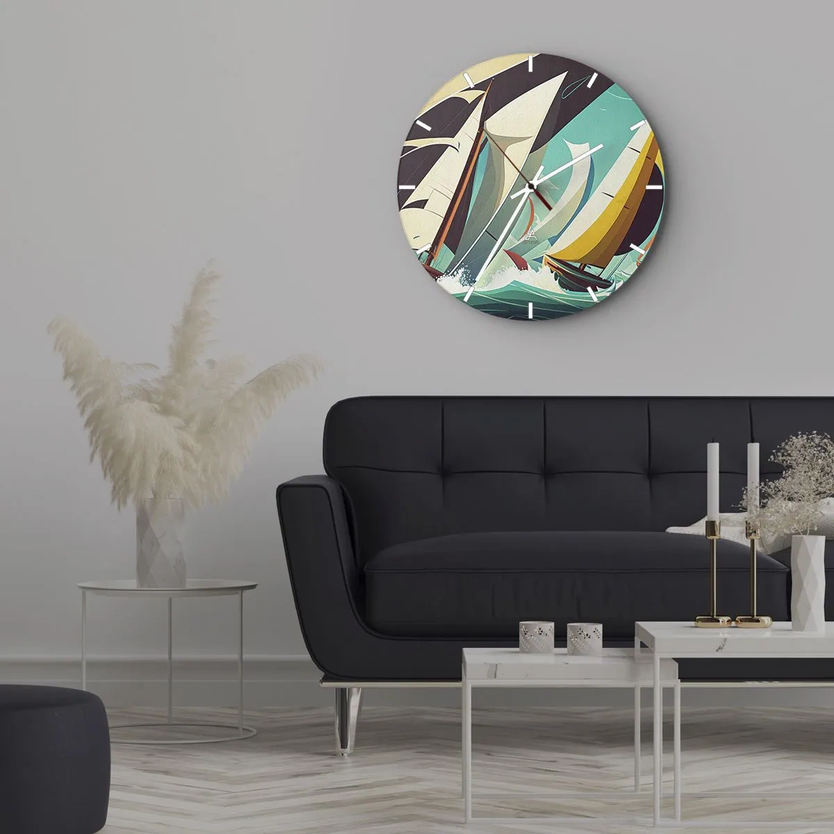 Zegar ścienny - Żaglówki w stylu graficznym na wzburzonym turkusowym morzu - 30x30cm - Z żywiołami za pan brat - Nowoczesna dekoracja ścienna do salonu, kuchni i sypialni ARTTOR