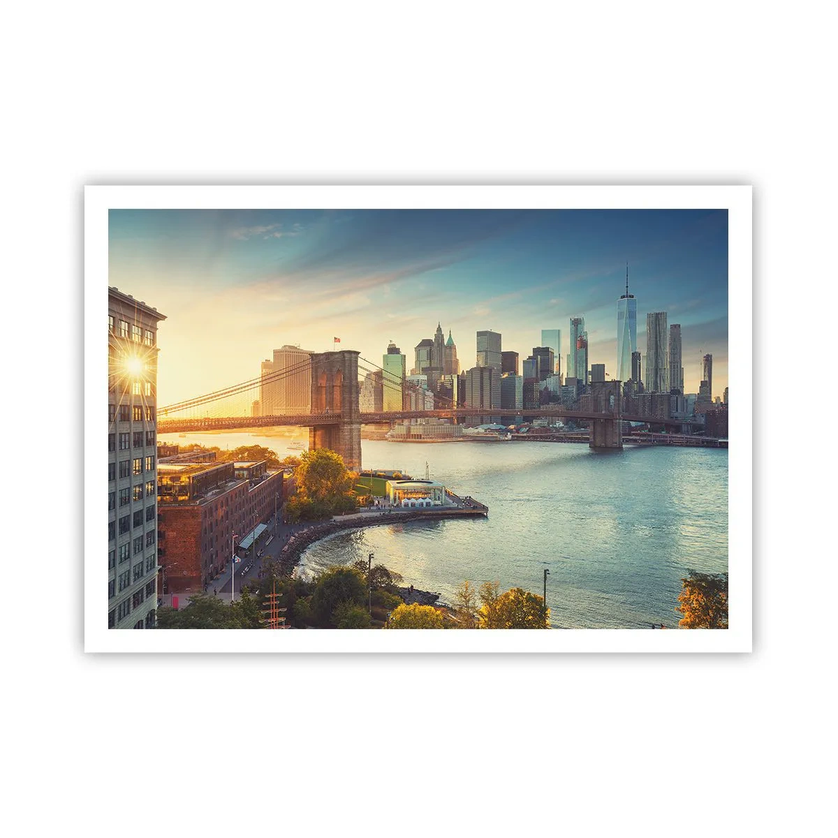 Plakat - Panorama miasta z mostem o zachodzie słońca - 100x70cm - Wielkomiejski świt - Nowoczesna dekoracja ścienna do salonu i sypialni ARTTOR