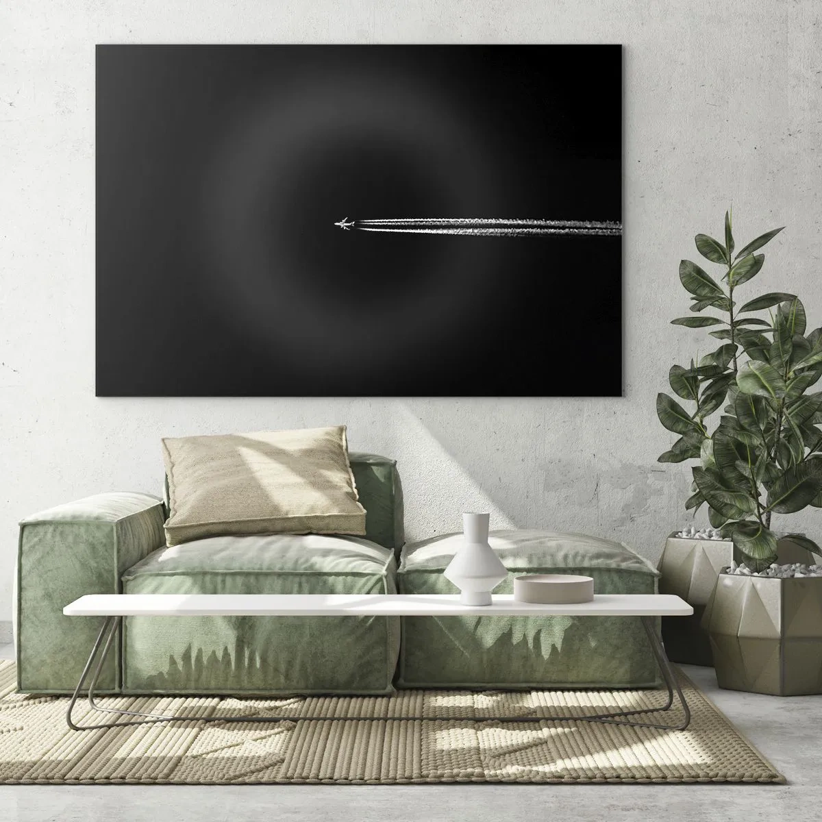 Obraz na szkle - Samolot odrzutowy na czarnym tle z smugą kondensacyjną - 70x50cm - W inny wymiar - Nowoczesna dekoracja ścienna do salonu i sypialni ARTTOR