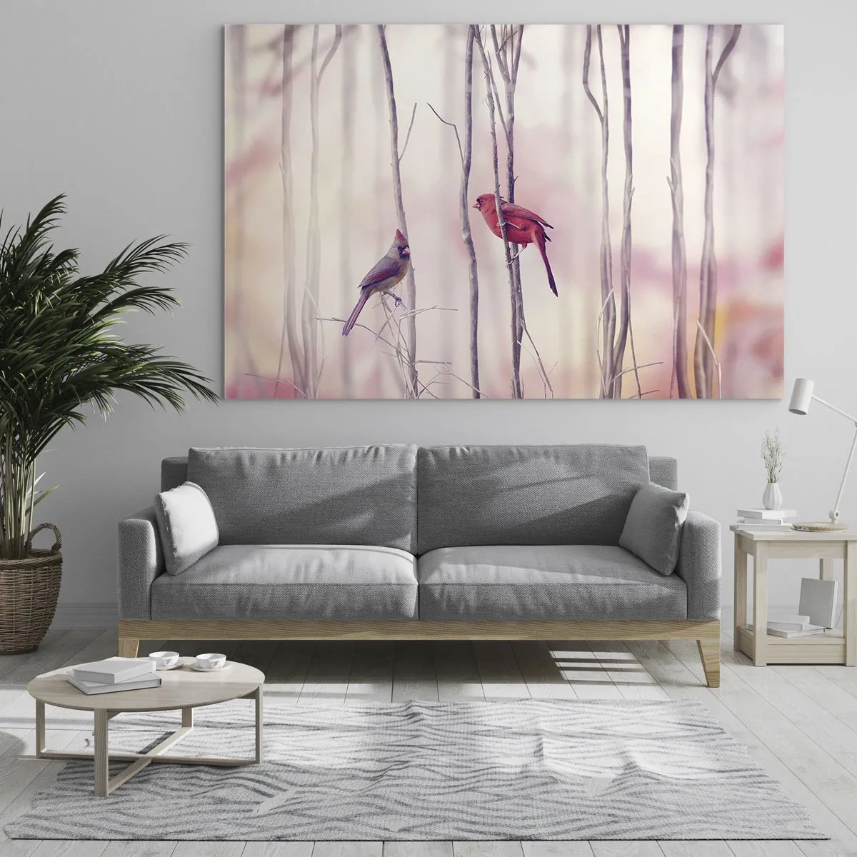 Obraz na szkle - Dwa ptaki wśród delikatnych gałązek w pastelowej tonacji - 70x50cm - Opowieść różowego lasu - Nowoczesna dekoracja ścienna do salonu i sypialni ARTTOR