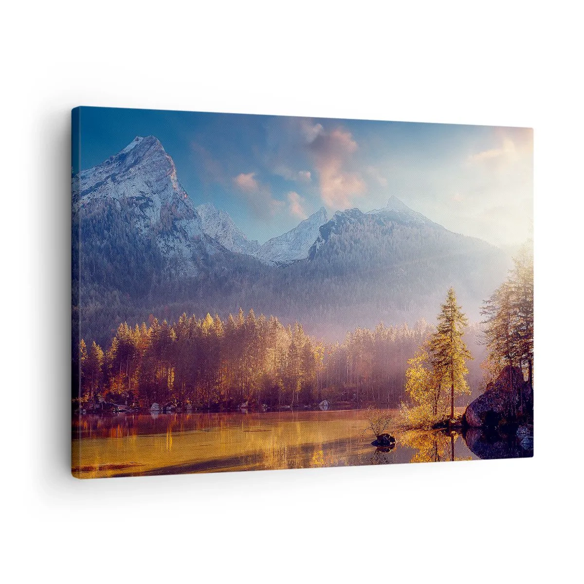 Obraz na płótnie - Malowniczy widok na górski las i jezioro o świcie - 70x50cm - W górach i dolinach - Nowoczesna dekoracja ścienna do salonu i sypialni ARTTOR