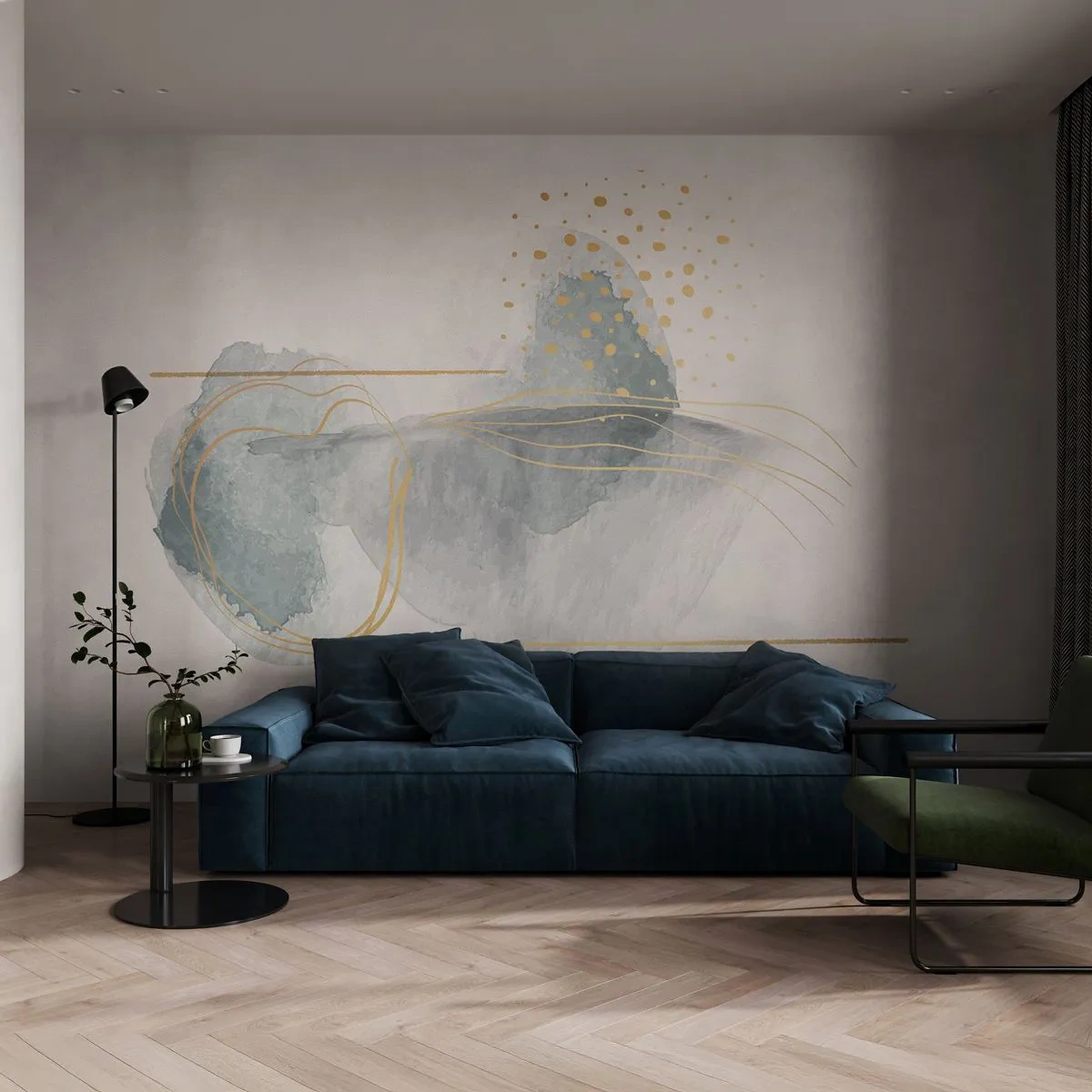 Fototapeta Standard Eco - Abstrakcyjna kompozycja akwareli z złotymi liniami i kropkami - 100x70cm - O związkach szarości i złota - Nowoczesna dekoracja ścienna do salonu i sypialni ARTTOR