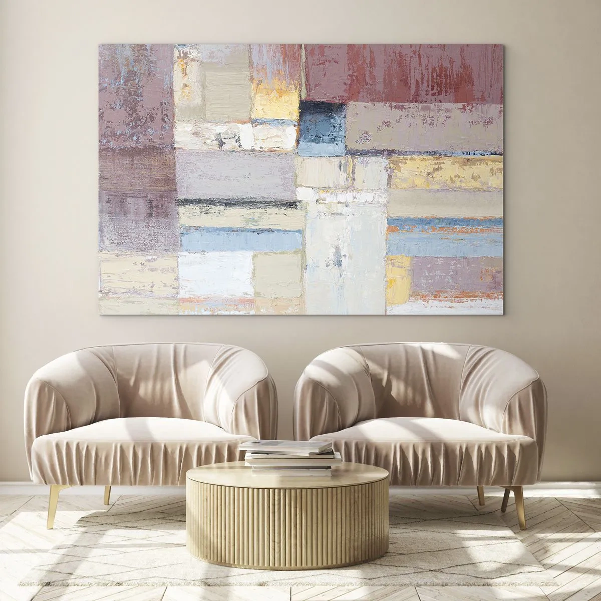 Obraz na szkle - Abstrakcyjna kompozycja geometryczna w pastelowych kolorach - 70x50cm - Spokój geometrii - Nowoczesna dekoracja ścienna do salonu i sypialni ARTTOR