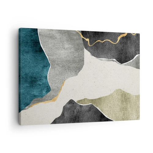 Obraz na płótnie - Geometryczne formy w odcieniach szarości, zieleni i złota - 70x50cm - Mozaikowa kompozycja z nitką złota - Nowoczesna dekoracja ścienna do salonu i sypialni ARTTOR