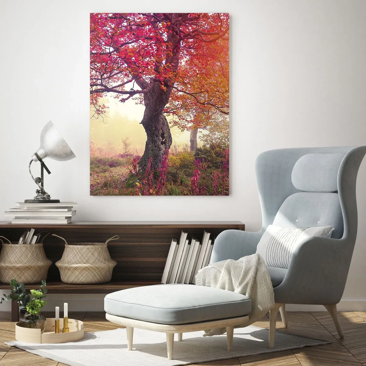 Obraz na szkle - Jesienny las z promieniami słońca o poranku - 50x70cm - Szał rozkwitu - Nowoczesna dekoracja ścienna do salonu, kuchni i sypialni ARTTOR