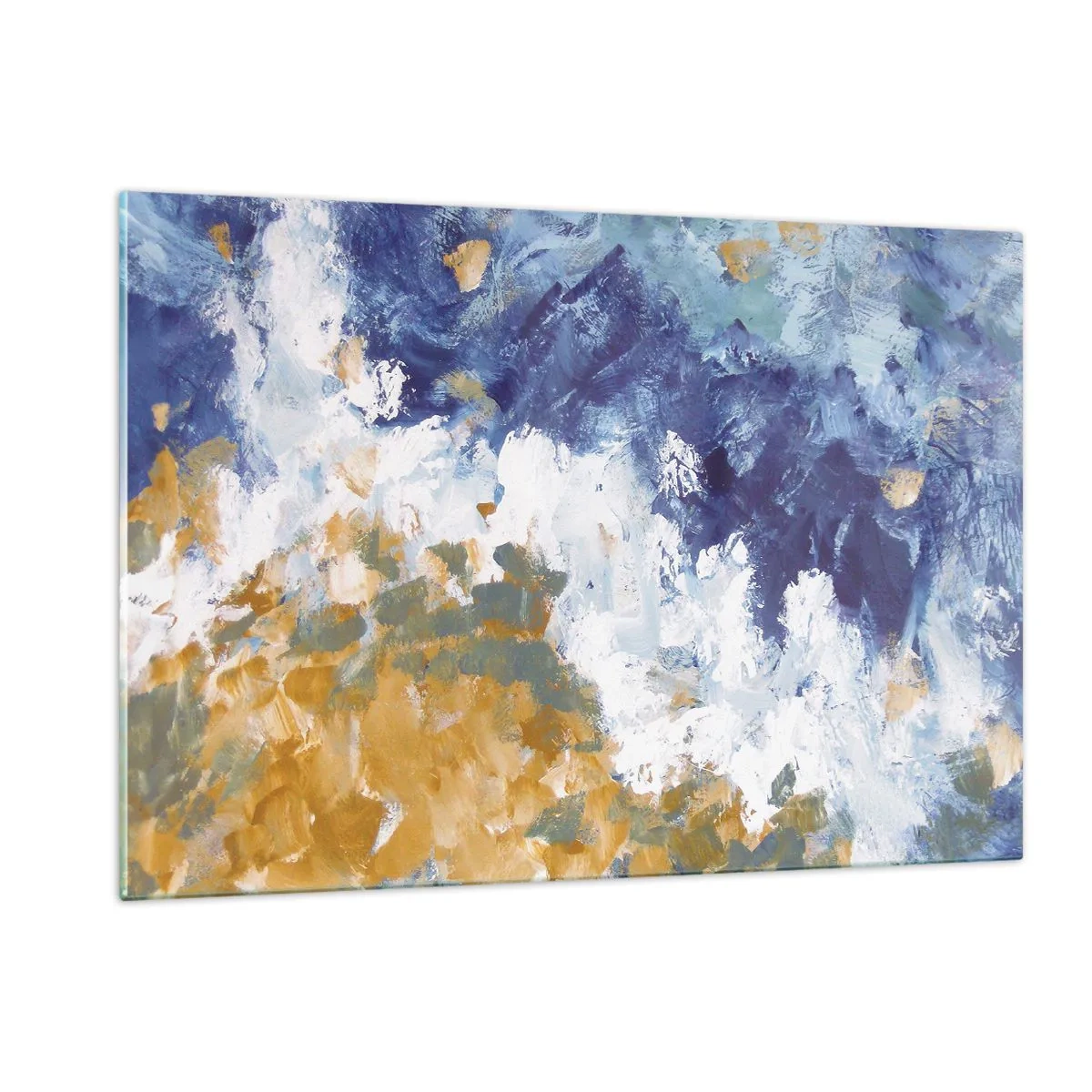 Obraz na szkle - Abstrakcyjne pociągnięcia farb w błękicie, bieli i złocie - 120x80cm - Taniec żywiołów - Nowoczesna dekoracja ścienna do salonu, kuchni i sypialni ARTTOR