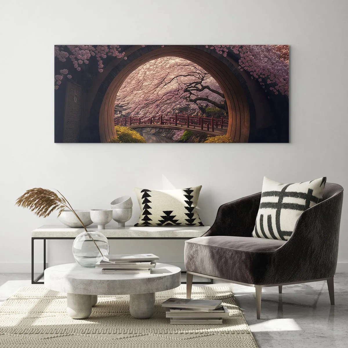 Obraz na szkle - Tradycyjny japoński most otoczony kwitnącymi wiśniami - 160x50cm - Japońska wiosna - Nowoczesna dekoracja ścienna do salonu i sypialni ARTTOR
