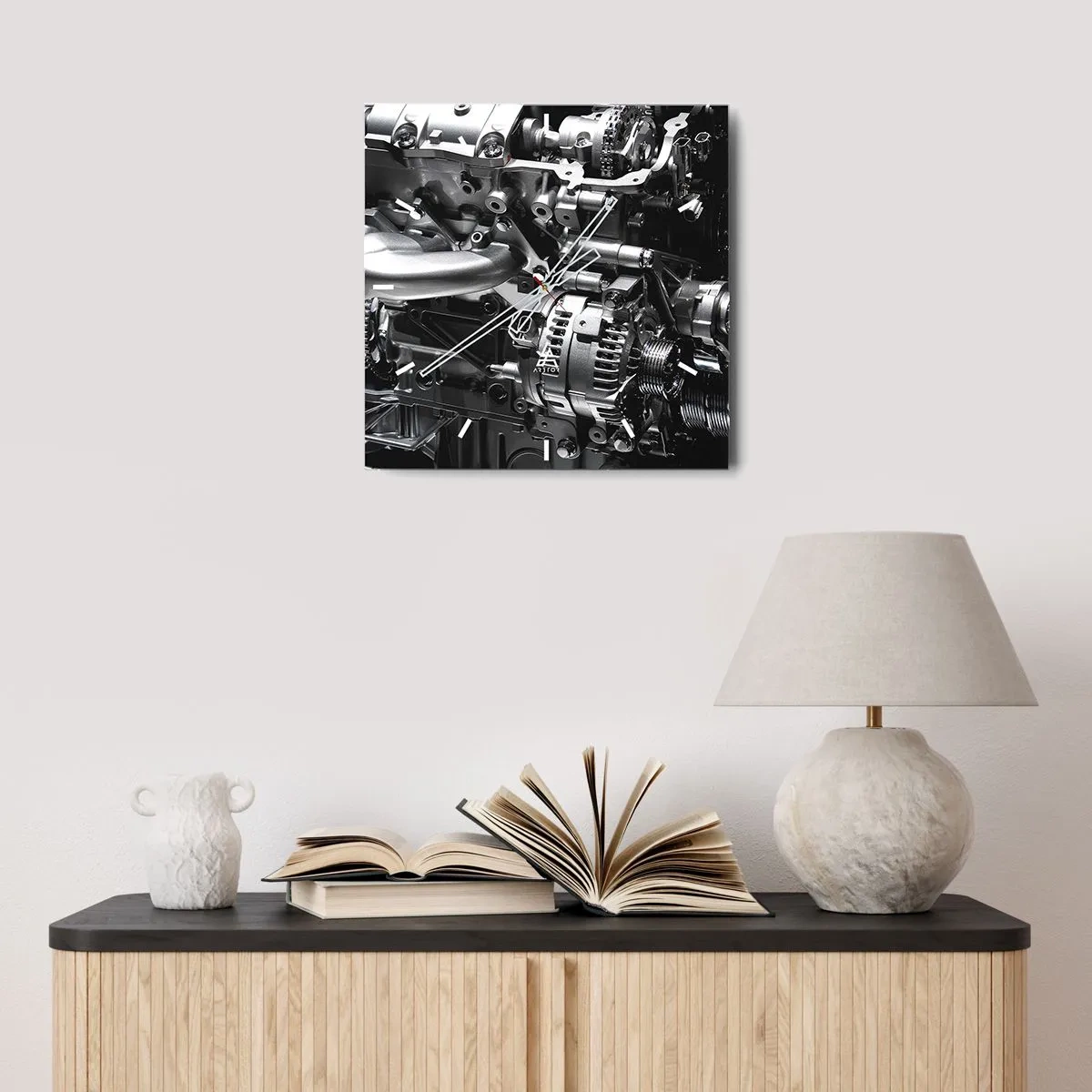 Zegar ścienny - Metalowe części silnika w zbliżeniu na czarnym tle - 30x30cm - Stalowy, piękny, silny - Nowoczesna dekoracja ścienna do salonu i sypialni ARTTOR