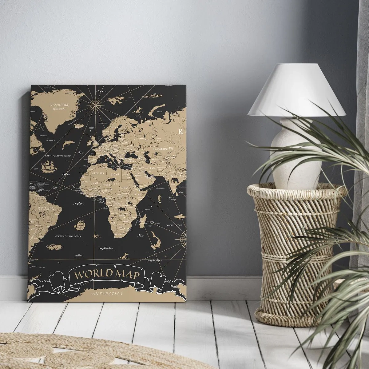 Obraz na płótnie - Stylizowana mapa świata w beżowo-czarnej kolorystyce - 50x70cm - Granice mojego świata - Nowoczesna dekoracja ścienna do salonu, kuchni i sypialni ARTTOR