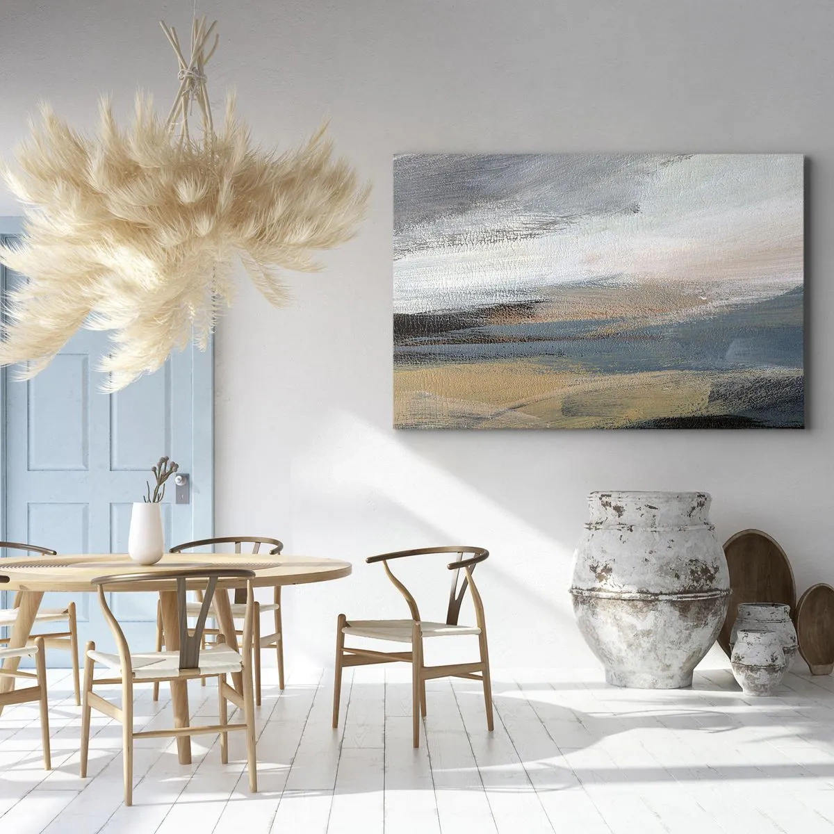 Obraz na płótnie - Pejzaż abstrakcyjny w stonowanych odcieniach błękitu i beżu - 120x80cm - Abstrakcja: pejzaż północny - Nowoczesna dekoracja ścienna do salonu, kuchni i sypialni ARTTOR