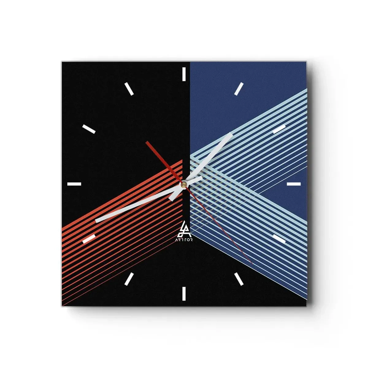 Zegar ścienny - Geometryczne linie w odcieniach czerwieni i błękitu - 30x30cm - Prosta historia - Nowoczesna dekoracja ścienna do salonu i sypialni ARTTOR