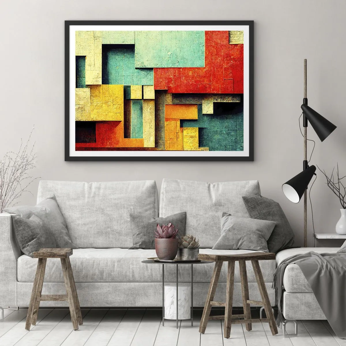 Plakat w czarnej ramie - Abstrakcyjne geometryczne kształty w żywych kolorach - 70x50cm - Festiwal kątów prostych - Nowoczesna dekoracja ścienna do salonu i sypialni ARTTOR