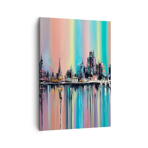 Obraz na płótnie - Kolorowy pejzaż miasta z odbiciem w wodzie - 50x70cm - Spłynąć światłem nocy - Nowoczesna dekoracja ścienna do salonu, kuchni i sypialni ARTTOR