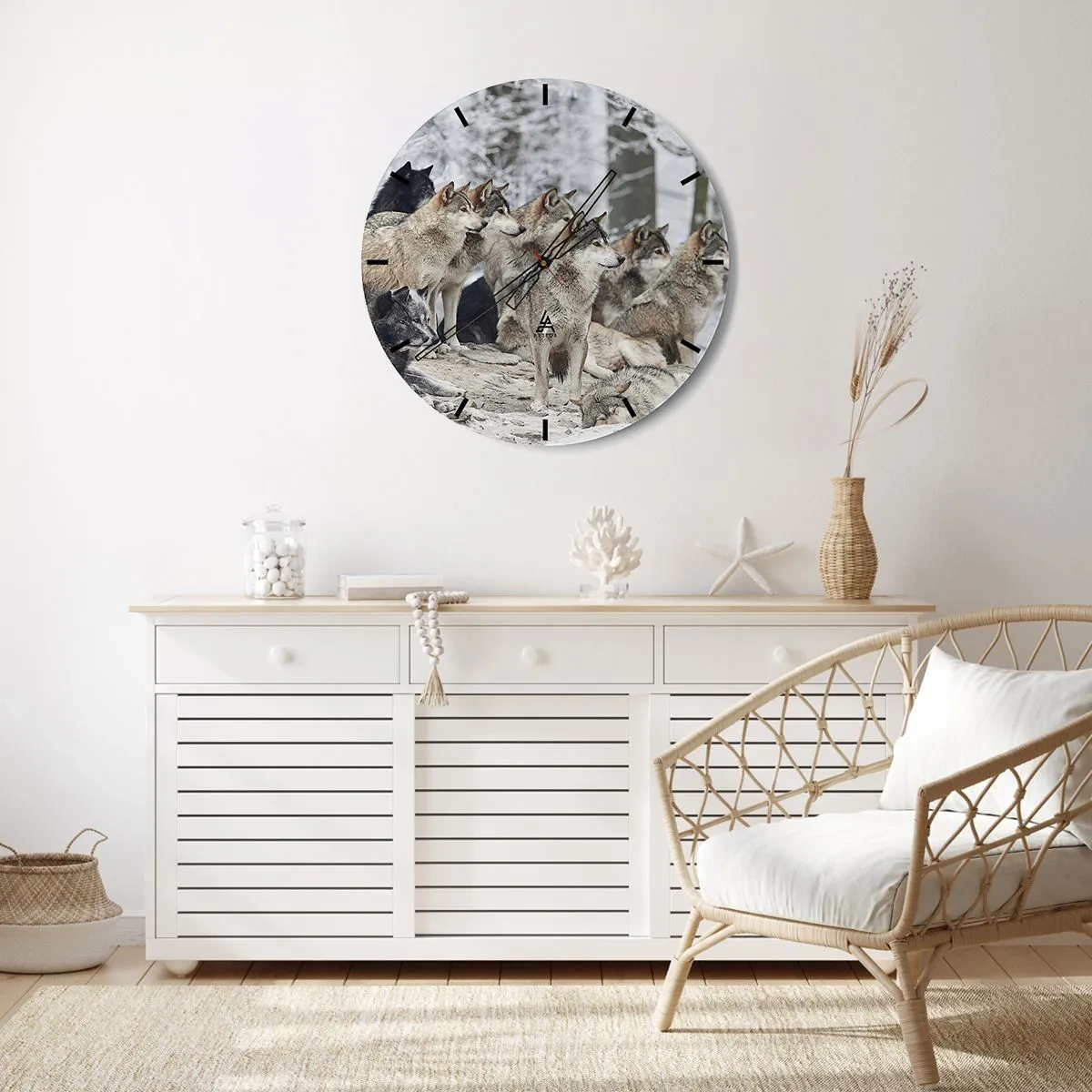 Zegar ścienny - Stado wilków w zimowym lesie w naturalnym otoczeniu - 30x30cm - Rodzina i przyjaciele - Nowoczesna dekoracja ścienna do salonu, kuchni i sypialni ARTTOR