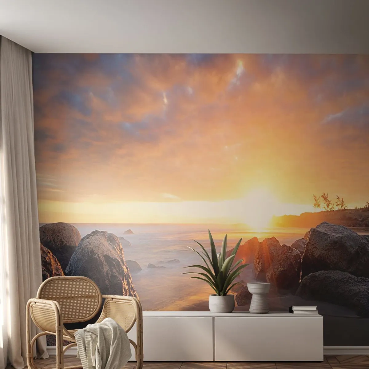 Fototapeta Premium Sand - Zachód słońca nad kamienistym wybrzeżem - 100x70cm - Świetlista bryza wieczoru - Nowoczesna dekoracja ścienna do salonu, kuchni i sypialni ARTTOR
