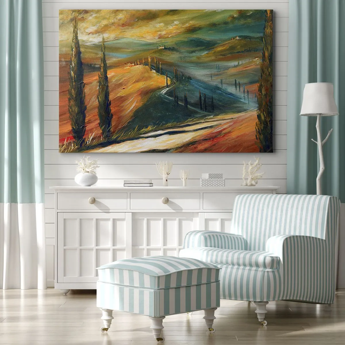 Obraz na płótnie - Toskański krajobraz z polami, drogą i cyprysami - 70x50cm - Toskański pejzaż - Nowoczesna dekoracja ścienna do salonu i sypialni ARTTOR