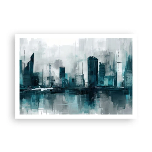 Plakat - Nowoczesne miasto w odcieniach turkusu i szarości - 100x70cm - Miasto w kolorze deszczu - Nowoczesna dekoracja ścienna do salonu i sypialni ARTTOR