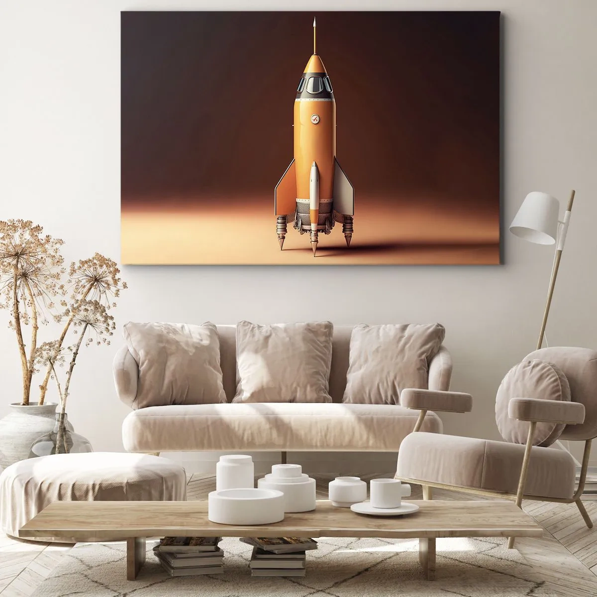 Obraz na płótnie - Rakieta w stylu retro na tle brązowych odcieni - 70x50cm - Zaczyna się od marzenia - Nowoczesna dekoracja ścienna do salonu i sypialni ARTTOR