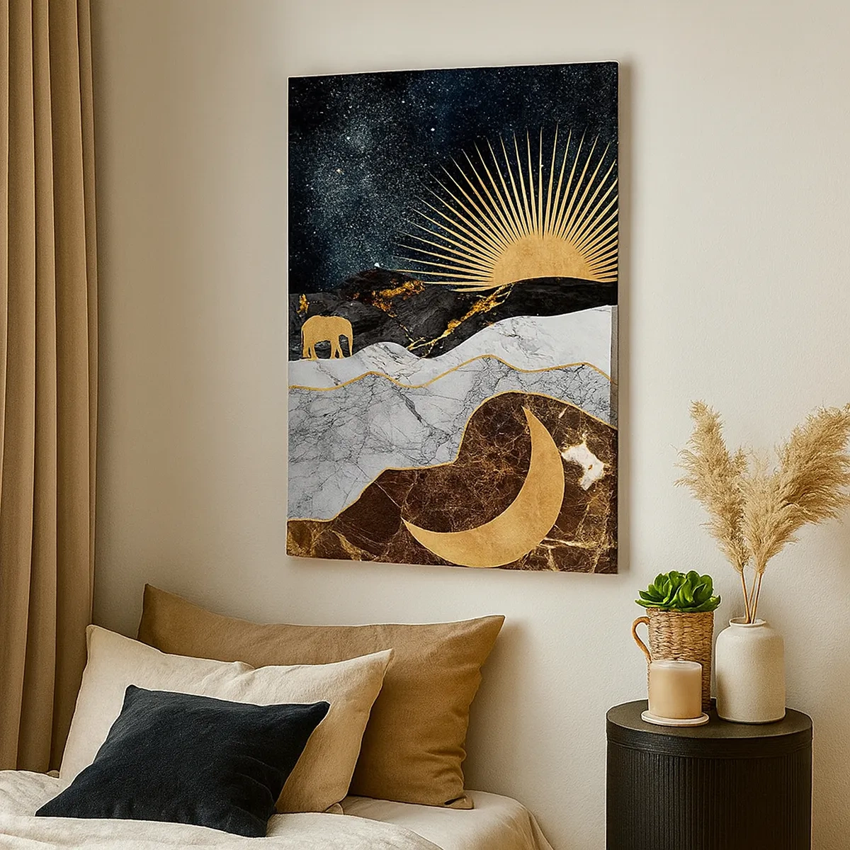 Obraz na płótnie - Złoty księżyc, słońce i słonie na tle marmurowych gór i nocnego nieba - 50x70cm - Odwieczne prawa - Nowoczesna dekoracja ścienna do salonu, kuchni i sypialni ARTTOR